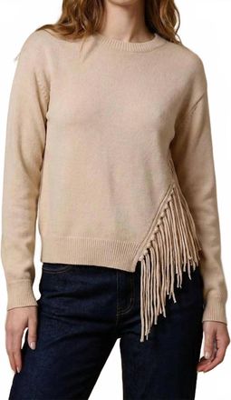 Minnie Rose Cotton Cashmere Fringe Trim Sweater In Brown Sugar
