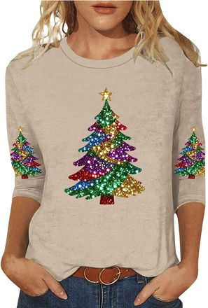 Generic Christmas Tops for Women Novelty Xmas Jumper Red Wine Glass Printed Tshirt Crew Neck 3/4 Sleeve Tunic Pullover Funny Christmas Jumpers Ugly Xmas Shirt