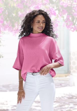 Lascana Kurzarmshirt LASCANA mit Stehkragen, Damen, Gr. 36/38, rosa (pink), Cr&ecirc;pe, Obermaterial: 97% Polyester, 3% Elasthan, unifarben, l&auml;ssig geschnitten, Sh