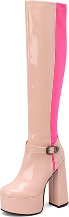 Generic Womens Fashion Patchwork Zip Up Knee High Riding Boots with Belt Buck Platform Round Toe Chunky Heels Goth Shoes (5.5,Pink)