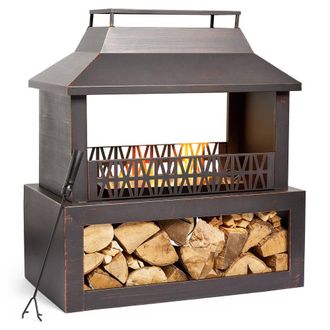 VonHaus Outdoor Fireplace Fire Pit with Log & Wood Store for Garden Patio in Black