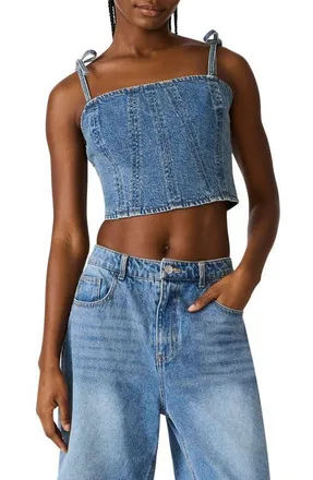 Steve Madden Meaghan Seamed Cotton Blend Denim Crop Top in Blue Heather at Nordstrom, Size X-Small