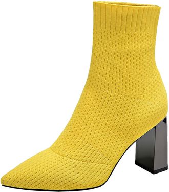 Generic Winter Ladies Fashion Knitted Mesh Pointed Toe Ankle Boots with Thick High Heel and Breathable Comfort Design for Women (Yellow, 4. 5)
