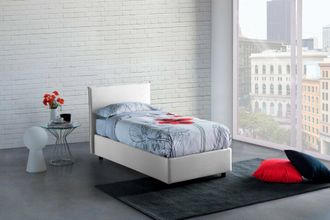 Talamo Italia Cama Individual Brunella, Cama Contenedor Con Revestimiento De Tela, 100% Made In Italy, Apertura Frontal, Con Colch&oacute;n Cm 80x190 Incluido, Blanco, Con