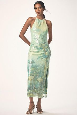 BHLDN Paulina Halter Printed Sequin Midi Dress
