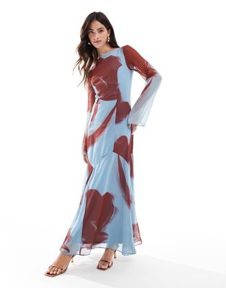 Asos Vestito lungo blu con gonna godet e stampa floreale-Multicolore