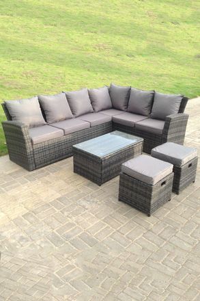 Fimous 8 Seater High Back Rattan Set Corner Sofa With Oblong Coffee Table FootStools in Dark Grey