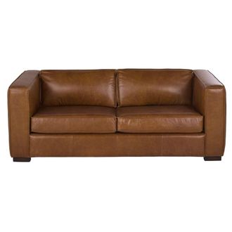 Maisons du monde Sof&aacute; cama de 3 plazas de piel marr&oacute;n envejecido