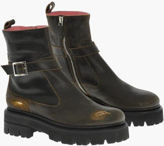 Dsquared2 Leather Vintage-Effect Lace-Up Boots With Buckle size 39