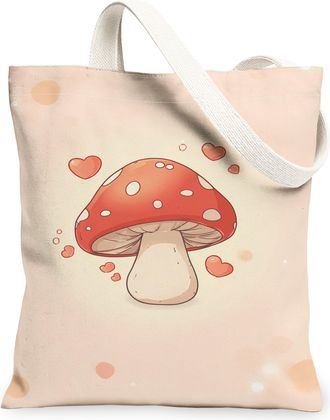 Generic Mushroom Canvas Tote Bags, Cute Fungi Heart Pattern Reusable Bags, Spring Retro Lightweight Washable Shoulder Strap Canvas, Peach, 13x15 Inch