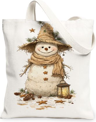 Generic Winter Snow Man Canvas Tote Bags, Rustic Holiday Art Pattern Reusable Grocery Bags, Vintage Lightweight Washable Shoulder S, White, 13x15 Inch