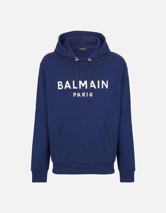 Balmain Mens Balmain Paris Logo Printed Hoodie in Navy - Size: 38