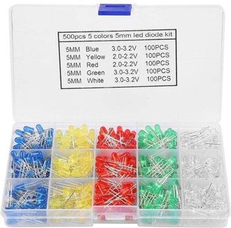 OEM Kit Surtido De 500 Diodos Led De 5 Mm En Colores Rojo, Amarillo, Azul, Verde Y Blanco - Juego De Diodos Luminosos Led De 5 Mm