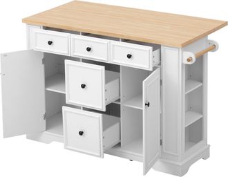 STILVORA Isla De Cocina Con 5 Cajones, Encimera Abatible, Estantes Ajustables, Enchufes Y Usb, Mdf, Blanco, 130,5 X 40-65 X 92 Cm