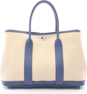 Herm&egrave;s Blue Ivory Toile Chevron Handbag Tote Bag (Pre-Owned)