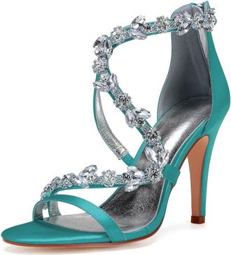 Generic Bridal Heels Womens Satin Open Toe Stiletto High Heels Wedding Shoes High Sandals for Prom, Party, Daily 10.5Cm,Blue Green,8 UK