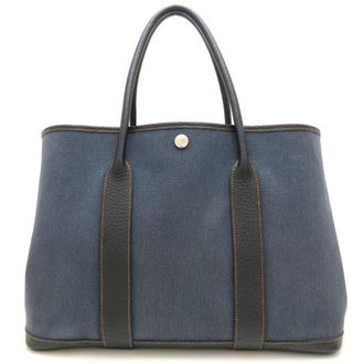 Herm&egrave;s Blue Toile H Leather Tote Bag (Pre-Owned)
