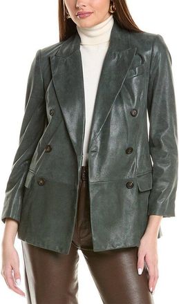 Brunello Cucinelli Forest Green Leather Double-Breasted Blazer, Brand Size 44 (US Size 10)