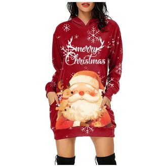 Generic Womens Christmas Dress Casual Long Sleeve Round Neck Party Dress for Women with Hoodie Reindeer Santa Snowman Snowflake Flared Xmas Costume Swing Skat