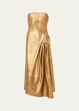 Akris Strapless Asymmetric Gathered Lam&eacute; Nappa Leather Midi Bustier Gown
