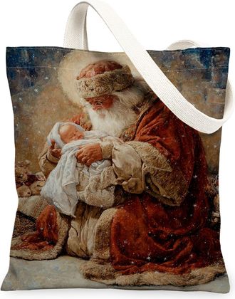 Generic Christmas Santa Canvas Tote Bags, Vintage Art Design Reusable Grocery Bags, Classic Lightweight Washable Shoulder Strap Can, Multicolor, 13x15 Inch