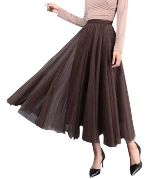 Feoya Womens Pleated Tulle Maxi Skirt Ankle Length Elastic High Waist A Line Flowy Big Hem Skirt Chiffon Petticoat Brown