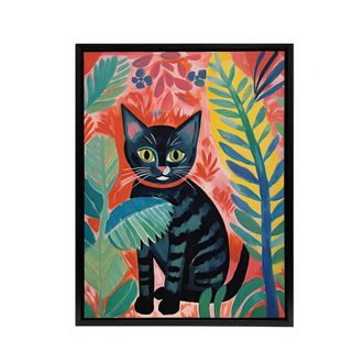 Artery8 Black Cat In A Jungle Folk Art Framed Canvas Wall Art Print | Size: W24 x H32