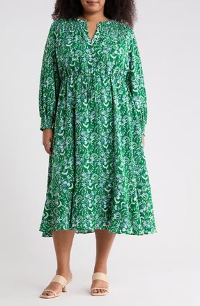 Sugarlips Cabana Floral Keila Long Sleeve Smocked Yoke Midi Dress in Green-Blue at Nordstrom, Size 2X