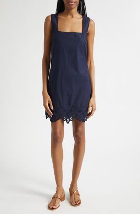 Veronica Beard Shanice Embroidered Detail Linen Blend Dress in Navy at Nordstrom, Size 12