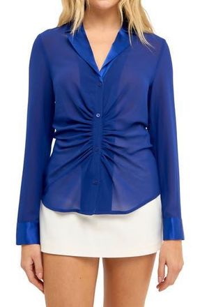 endless rose Ruched Front Chiffon Shirt in Navy at Nordstrom Rack, Size X-Small