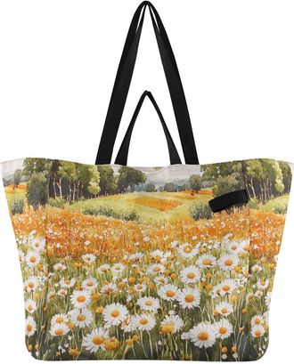 Generic Golden Flower Tree print Reusable Canvas Tote Bag, Heavy Duty Grocery Shopping Bag with Hard Bottom Double Handles Large Capacity Work Groceries Trave