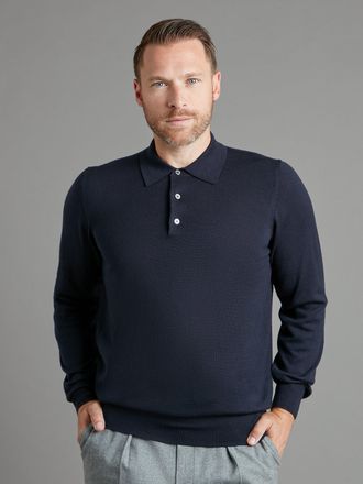 Oliver Brown Fine Merino Long Sleeve Polo Shirt - Navy