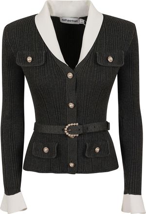 Self Portrait Grey Fitted Ribbed Wool Pearl-Embellished Cardigan