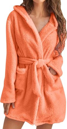 Generic Fleece Hooded Robe Women - Fluffy Dressing Gowns Soft Short Bathrobe with Hood Belted Robes with Pockets Cozy Plush Pajamas Loungewear Bride Dressing 