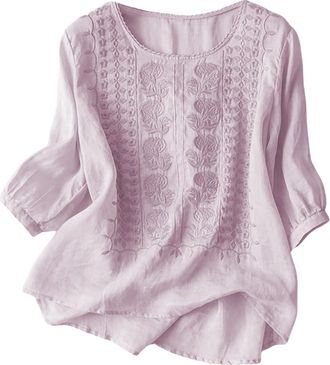 Generic Bohemian Embroidery Cotton Linen Mexican Round Neck Tops Womens Summer Boho Shirts Hippie Peasant Half Sleeves Casual Blouses Tunic Loose T Shirt Top 