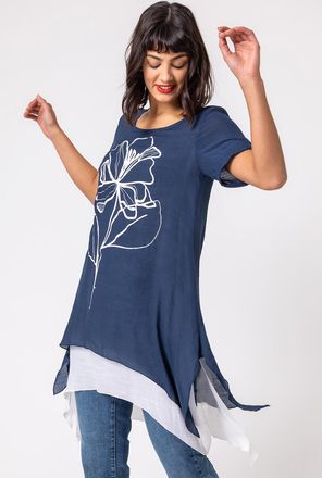 Roman Floral Motif Print Asymmetric Tunic Top