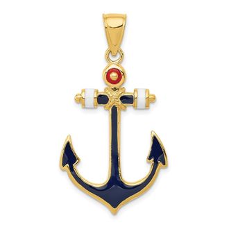 Diamond2Deal 14k Yellow Gold 2-D Red, White, Blue Enameled Anchor Pendant