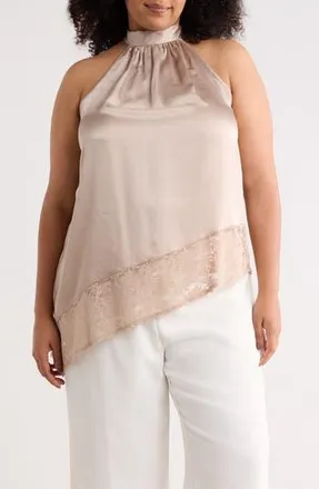 Renee C Sleeveless Lace Trim Satin Asymmetric Top in Beige at Nordstrom Rack, Size 3X
