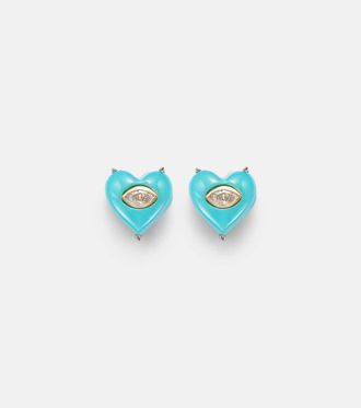 Sydney Evan 14kt gold (585/1000) stud earrings with diamonds and turquoises