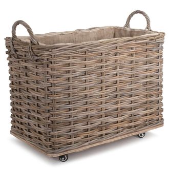 Red Hamper Rattan Small Wheeled Rattan Hessian Lined Log Basket in Taupe