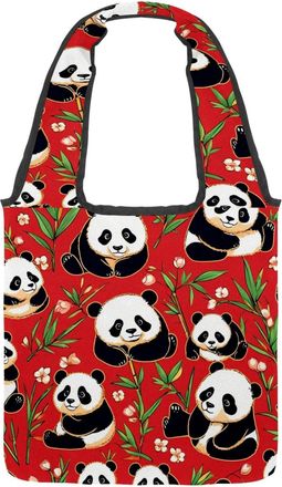 Generic Cute Panda on Red Reversible Canvas Shoulder Tote - Double-Sided Print, 12oz Cotton, 27cm Drop, Fold-Flat Bag for Travel, Shopping, Street Outings