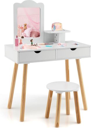 Costway Costway - Juego De Tocador Infantil Ni&ntilde;a, 2 En 1 Mesa De Tocador Y Taburete De Madera Para Ni&ntilde;os Con 1 Espejo Rectangular Y 2 Cajones Grandes, Tocador
