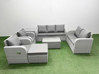Fimous PE Rattan Garden Furniture Set Adjustable Chair Sofa Double Love Seat 2 Seater Sofa Lounge Set Oblong Coffee Table Big Footstool Side Table