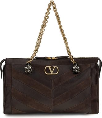 Valentino Garavani Womens Shoulder Bag Panthea Calf Leather Ebony-Oak Brown Ebony Brown-Oak Brown/oak
