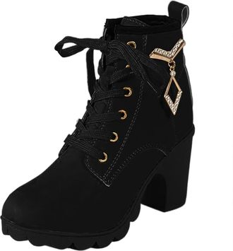 Generic 2026 Ladies Snow Boots Solid Versatile Large Size Thick Heel Mid Short Sleeve Leather for Women Lace Up Round Toe Casual Fashionable Ankle (Black, 5.5