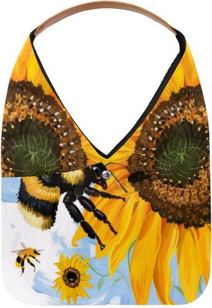 Generic Blooming Sunflower Bee Reusable Lightweight Grocery Bags - Foldable Into Compact Pouch, Washable & Sturdy, Multipurpose for Shopping and Travel
