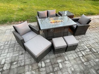 Fimous 7 Seater Outdoor Rattan Sofa Set Garden Furniture Gas Firepit Dining Table Heater with Side Table in Dark Grey