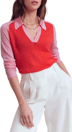 Boden Agnes Colorblock Johnny Collar Sweater in Sunkissed Coral/Orchid Smoke at Nordstrom, Size X-Large