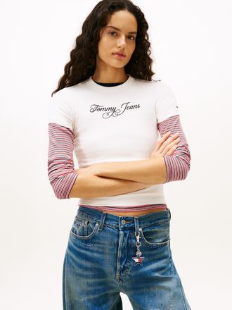 Tommy Jeans Kurzarmshirt TOMMY JEANS TJW SLIM ESS LOGO 1 RIB TEE EXT, Damen, Gr. 4XL (48), ecru, Single Jersey, Obermaterial: 95% Baumwolle, 5% Elasthan, bedruckt