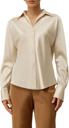 LilySilk Bias Cut Silk Shirt in Gravel Gold at Nordstrom, Size X-Small